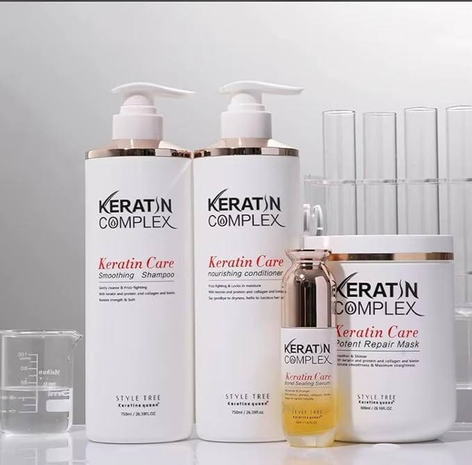 كيراتين كومبليكس مجموعة كيراتين كومبلكس للعناية بالشعر بالكيراتين، تتضمن شامبو منعم، بلسم مغذي، قناع لإصلاح الشعر، وسيروم لتقوية روابط الشعر. عناية متكاملة بالشعر. (مجموعة كاملة من 4 قطع) - Image 5